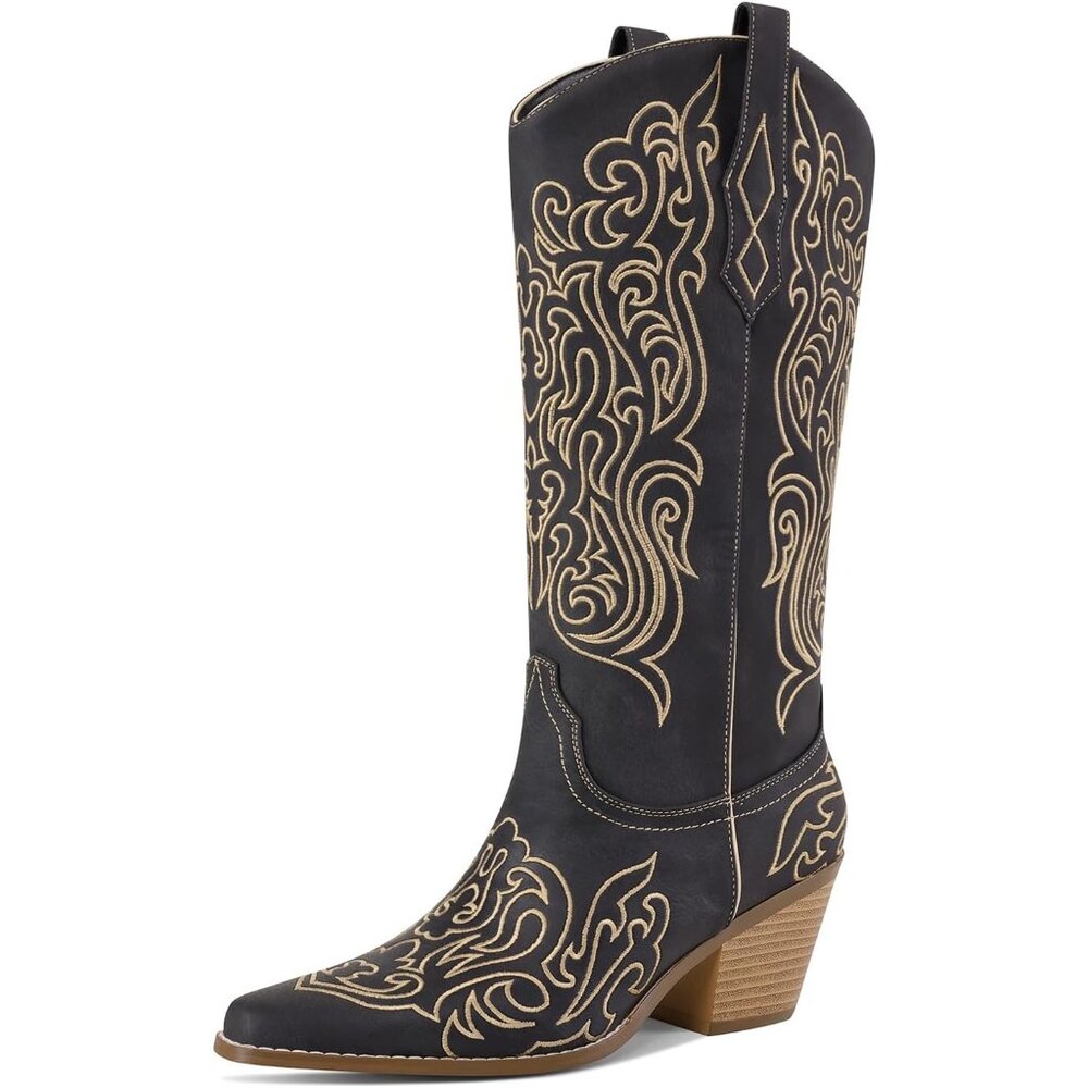 Women Black Knee High Boots Cowgirl Boots Cowboy Tall Boots Western Wide Calf
